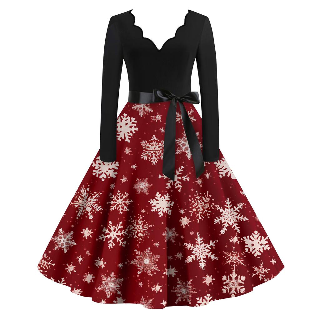 Женское повседневное модное платье с V-образным вырезом и длинными рукавами в стиле ретро с рождественским принтом в стиле ретро, осень