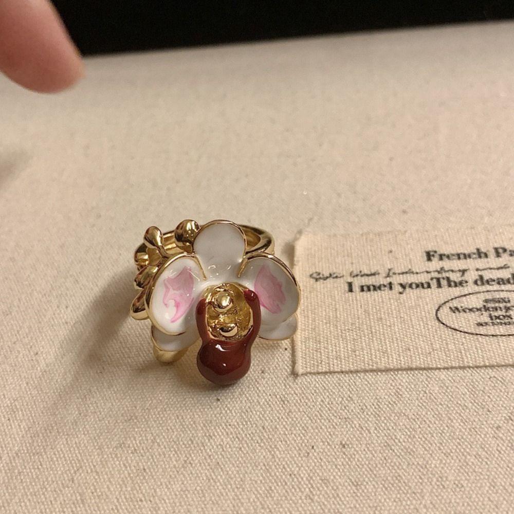 Белый Ирис Цветок Эмаль Кольцо на Палец Орхидея-Бабочка Французское Неправильной Формы Кольцо Женщины