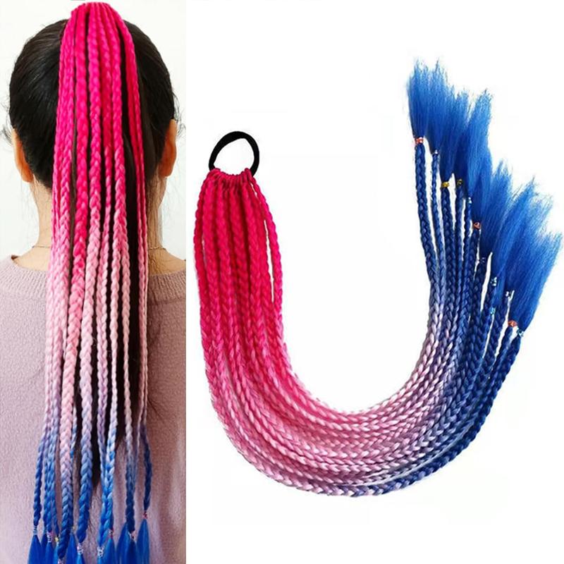 Косы-хвосты 24 дюйма Разноцветные Box Braids с резинками Синтетические накладки для волос для девочек Женские аксессуары День сумасшедших причесок