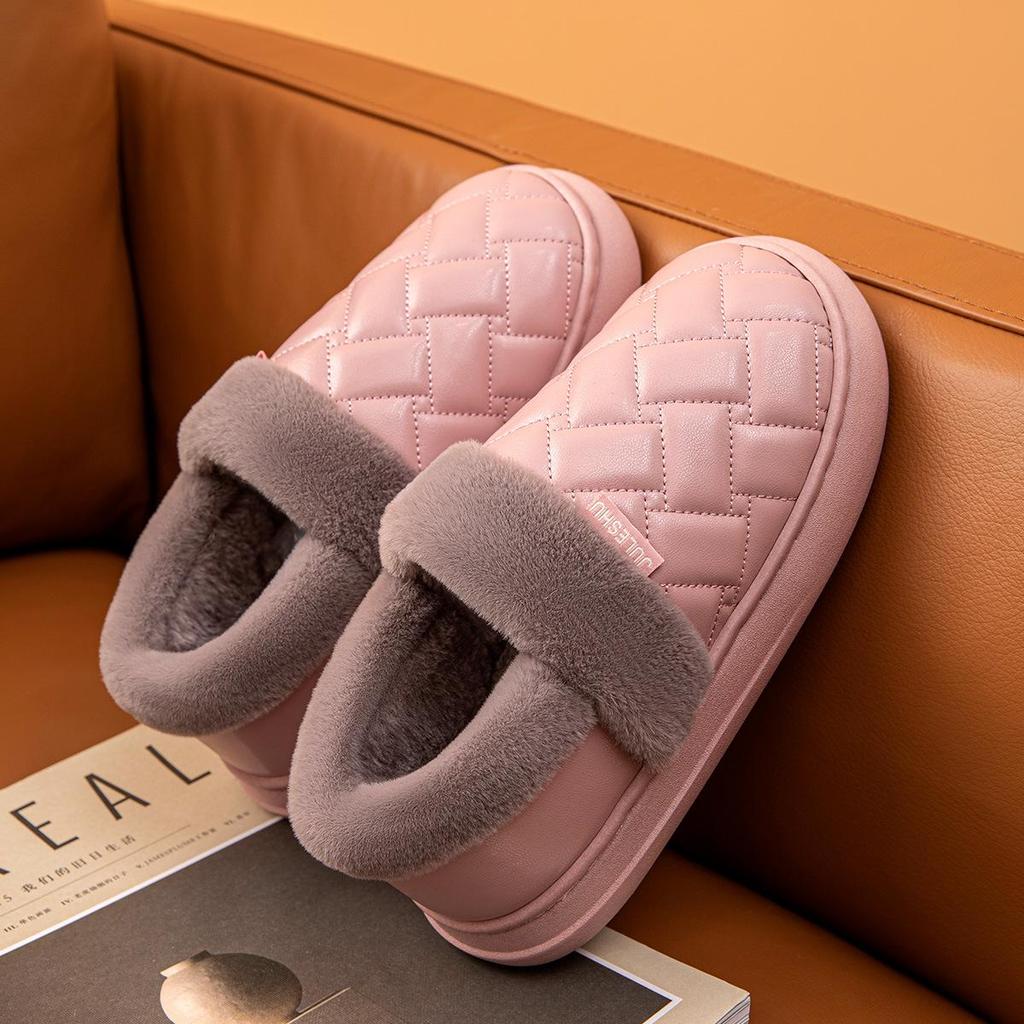 Waterproof Leather-Cotton Slippers, Non-Slip Closed Heel for Indoors