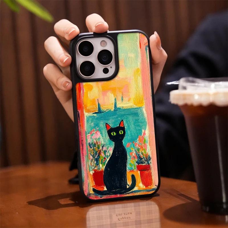 Масляная живопись закат черный кот для чехла на мобильный телефон iPhone17promax 15 гальваническое покрытие 16 матовый ПК13 искусство 14 наборы