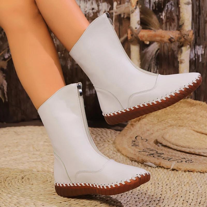 Женская обувь 2024 года, брендовые женские сапоги до середины икры, модные с застежкой-молнией спереди, горячая распродажа, современные сапоги для женщин, большие размеры, однотонная обувь для женщин