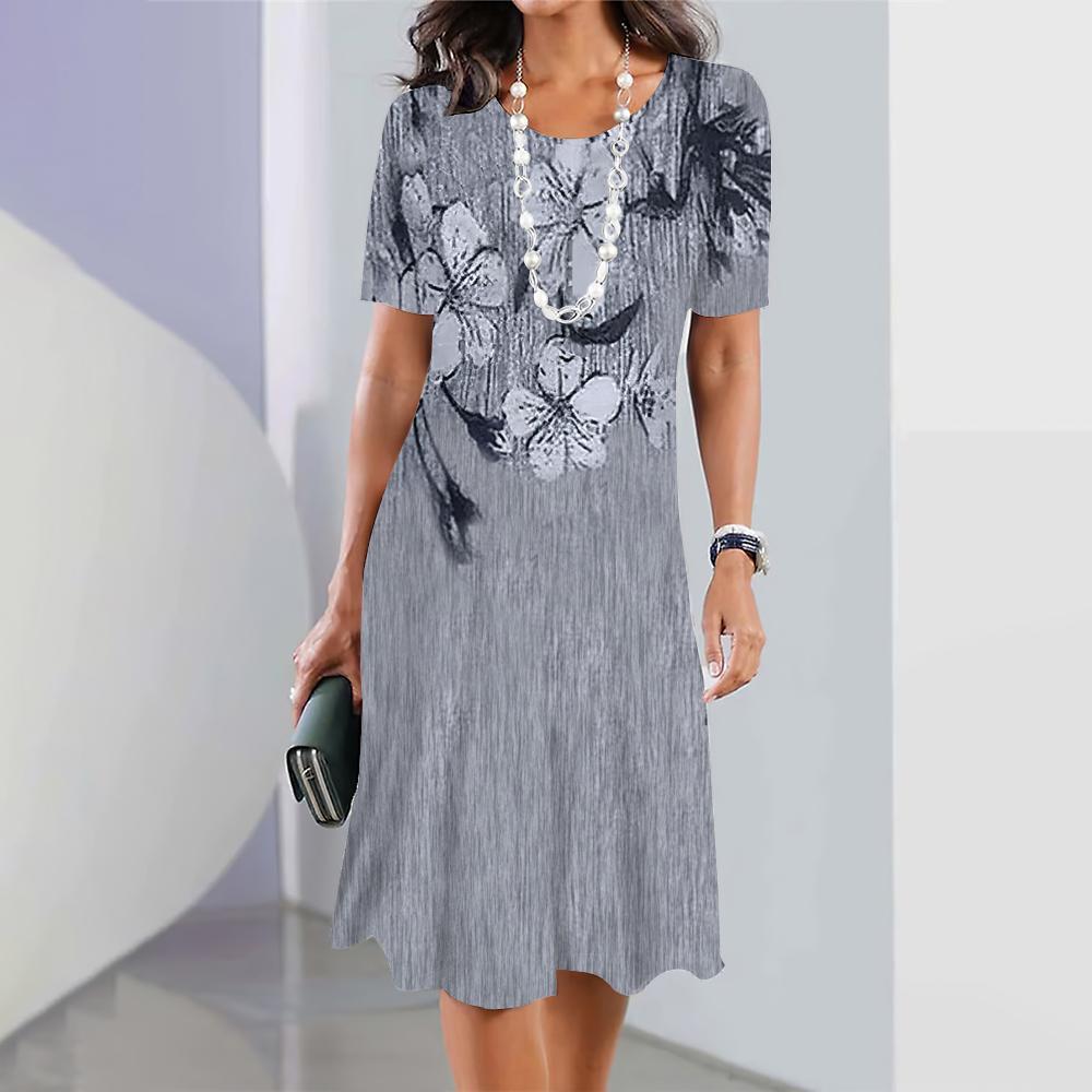 Summer Women's Round Neck Short Sleeve Printed Fashion Loose Midi Dress