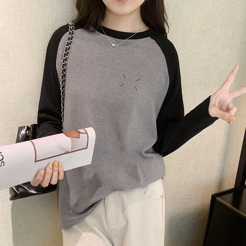American Retro Raglan Long-sleeved Round Neck Color-blocked T-shirt Women's Autumn and Winter New Loose Ins Style Versatile Top