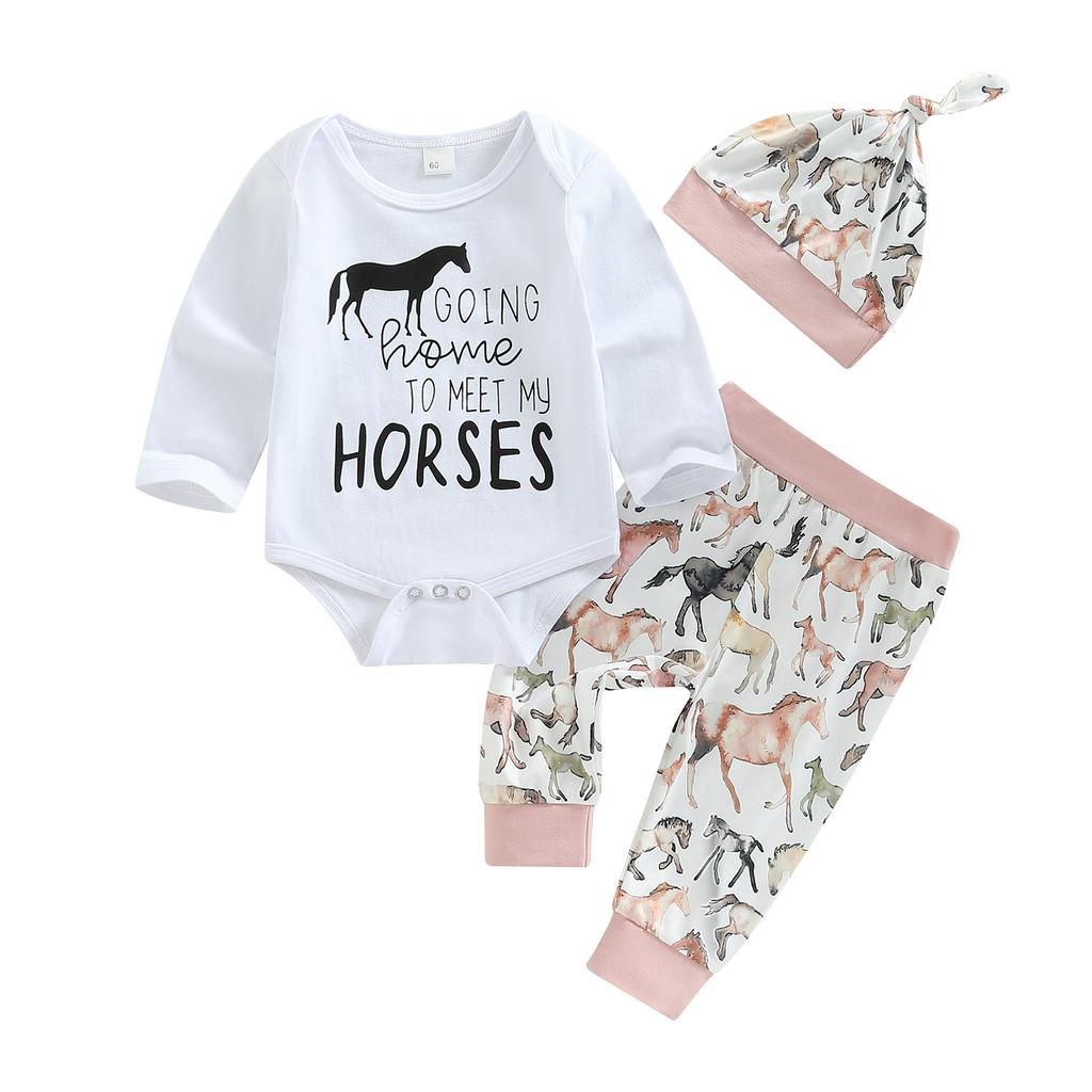 Infant Girl Autumn Jumpsuit Set, Long Sleeve Round Neck Letter Print Romper + Horse Pattern Pants + Hat