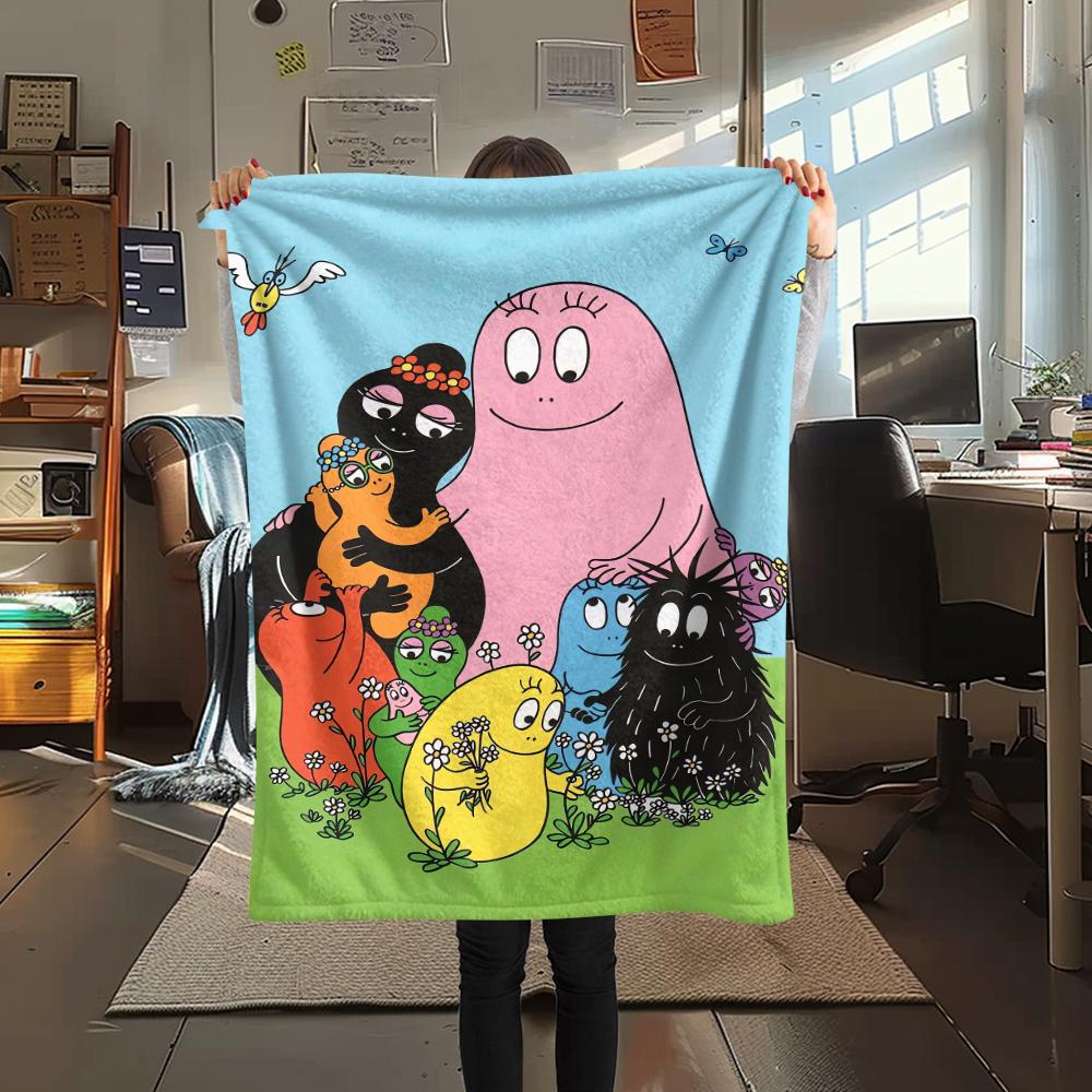 1Pc The Barbapapa family Print Flannel Blanket, High quality Comfortable for All Seasons, Home Decor, Warmth and Comfort, Perfect for Christmas Gifts