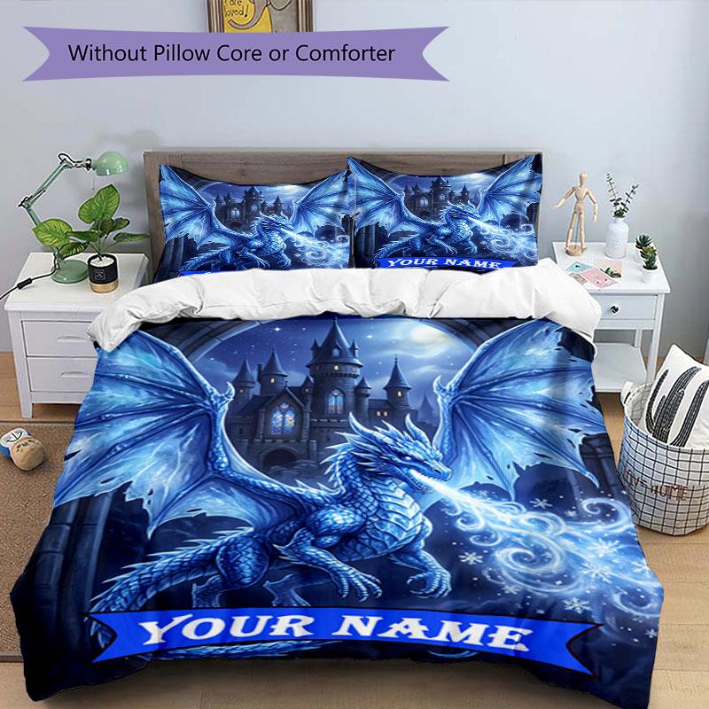 3PC Custom Name Blue Dragon Castle Night Bedding Set Duvet Cover Closure Includes 1 Duvet Cover & 2 Pillowcases for Bedroom