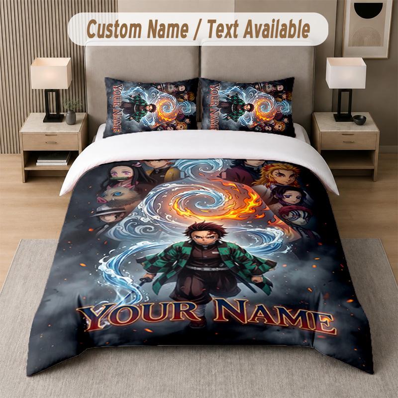 Demon Slayer 3Pcs Bedding Set, Personalized Custom Name Text, 1 Duvet Cover & 2 Pillowcases For Bedroom
