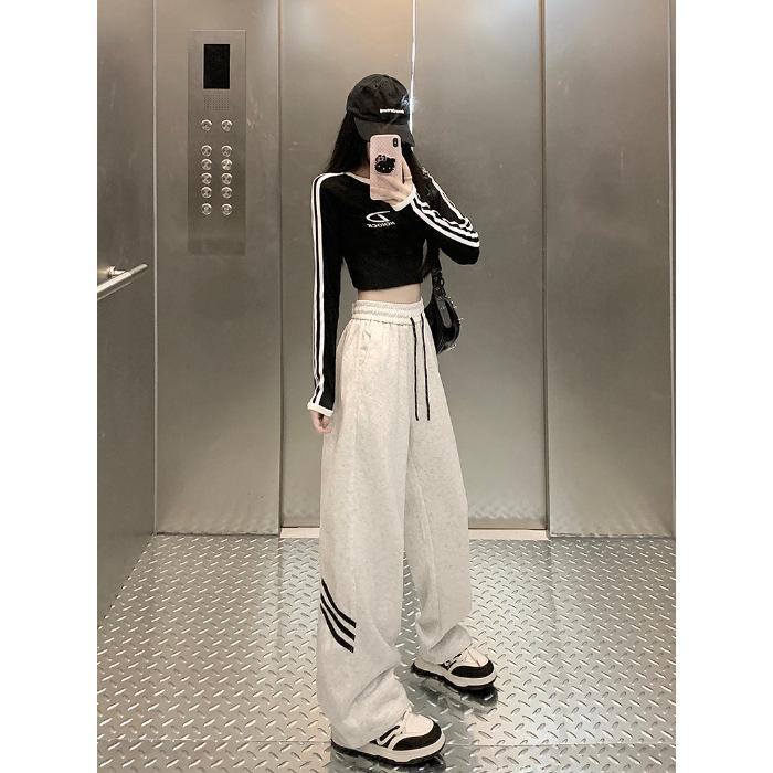 Осенний стиль светло-серые повседневные брюки для женщин High Street Широкие спортивные брюки с прямыми штанинами и завязками