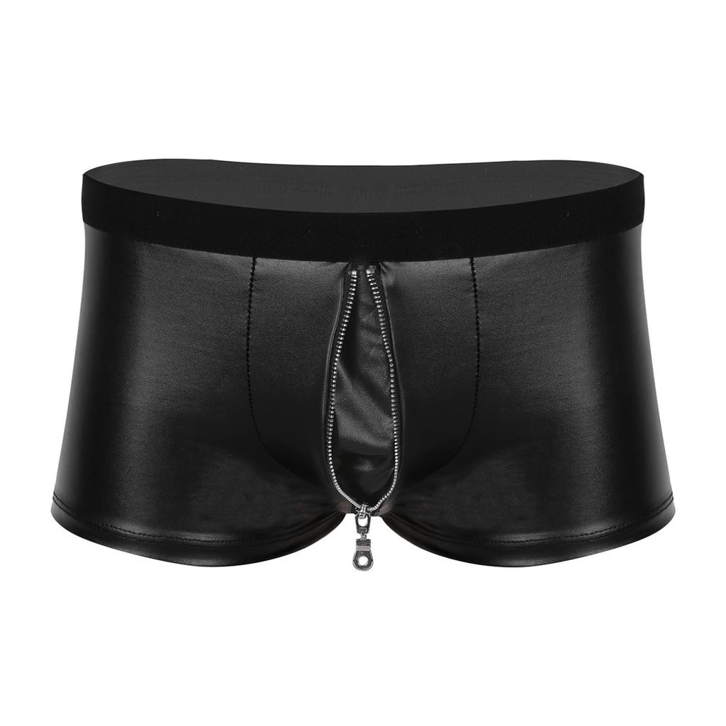 Men's Sexy Underwear Panties Faux Leather Underpants Male's Bulge Pouch Low Rise Boxer Briefs Shorts