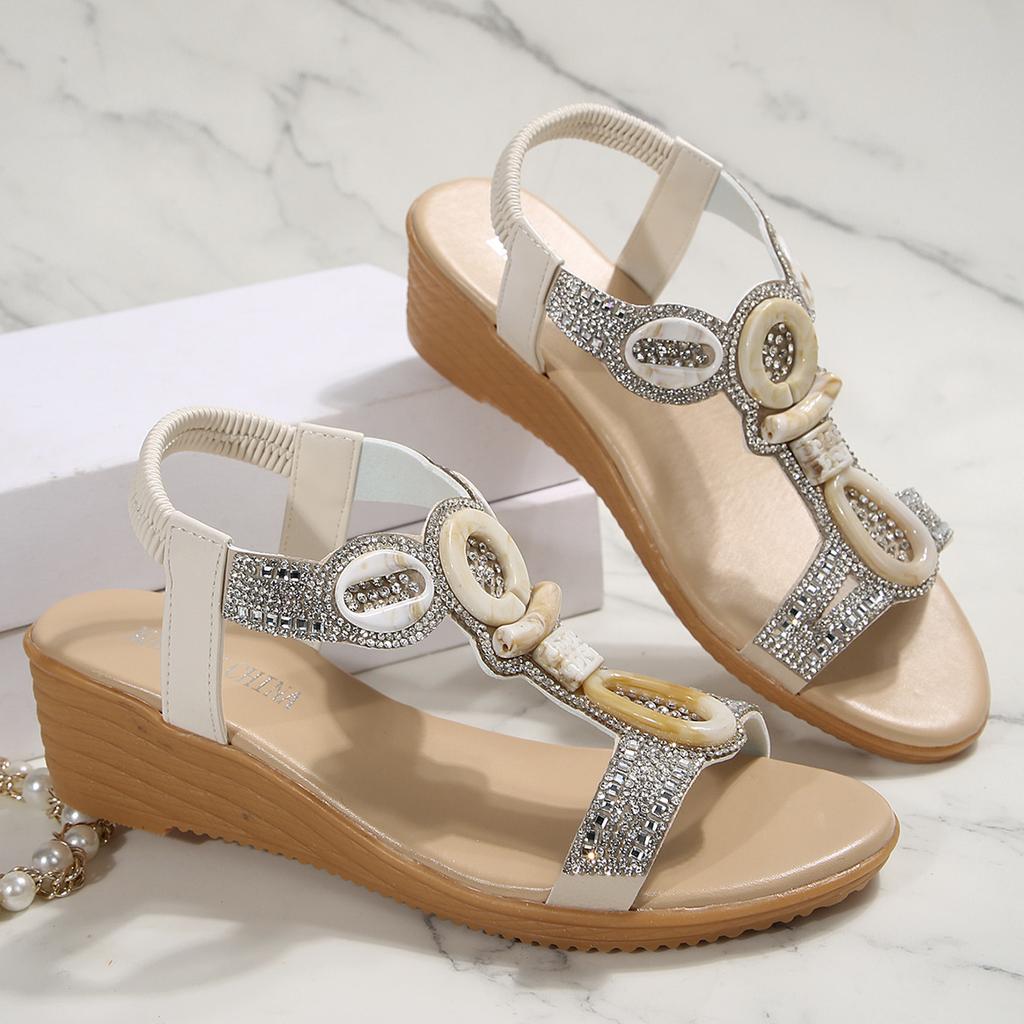 Новая мода Hundred Hundred Hounds Height Increase Women's Retro Ethnical Style Sequins Sandals - Пляжная обувь на каблуке Slope Heel