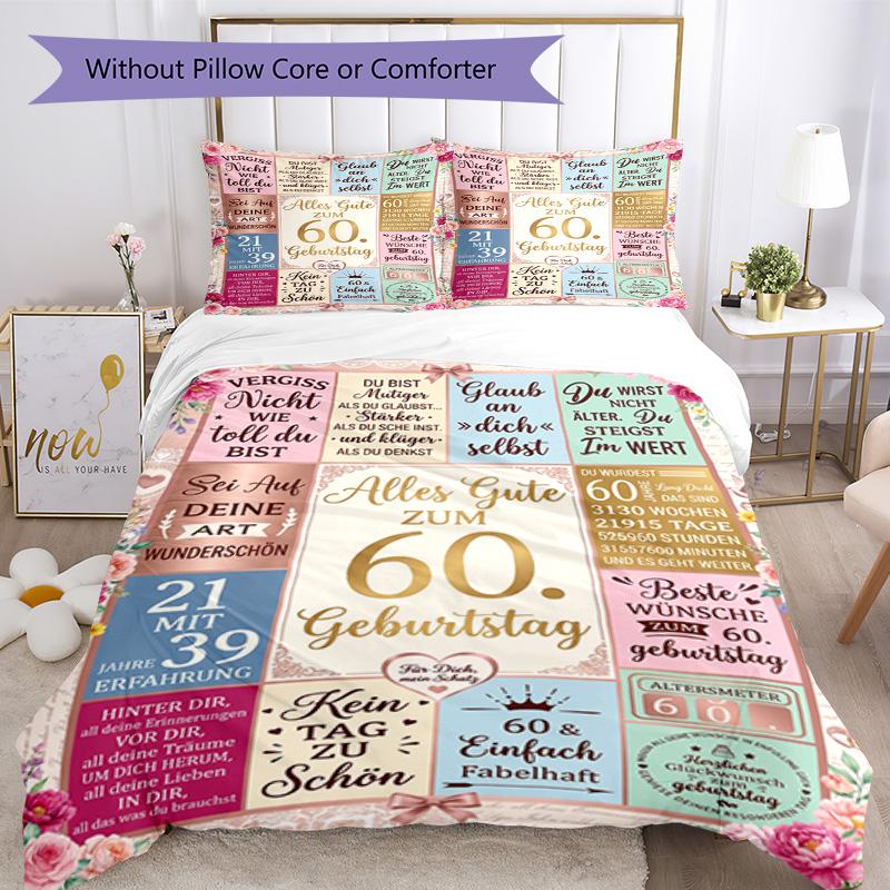 Happy 60th Birthday Celebration 3‑Piece Bedding Set,Soft Breathable Duvet Cover & 23 Pillowcases,Multi‑Purpose for Bedroom Dorm Guest Room,Great Festi