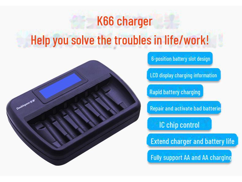 Интеллектуальное быстрое зарядное устройство на 6 слотов с ЖК-дисплеем для аккумуляторов AA/AAA с функциями ремонта и удвоения емкости