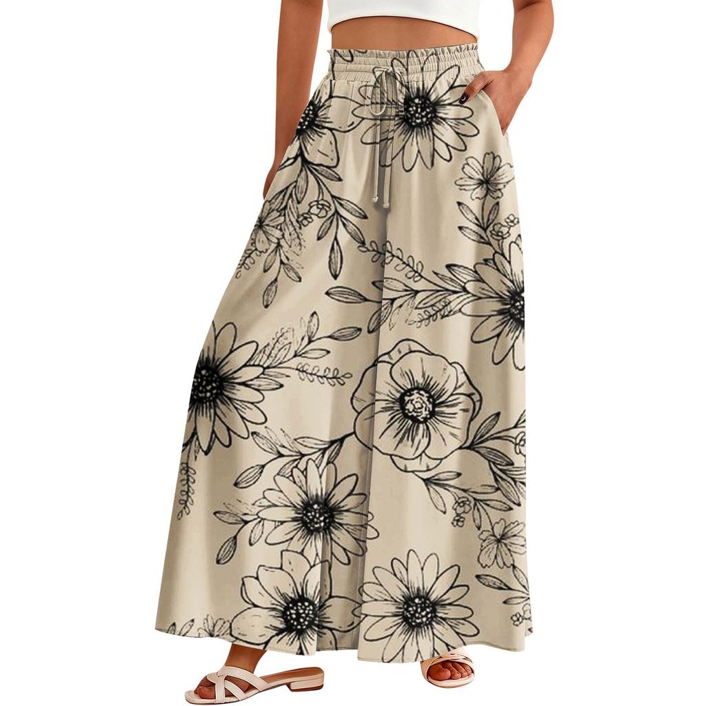 Women's Palazzo Pants Boho Floral Wide Leg Trousers Summer Beach High Waisted Flowy Pants With Pockets