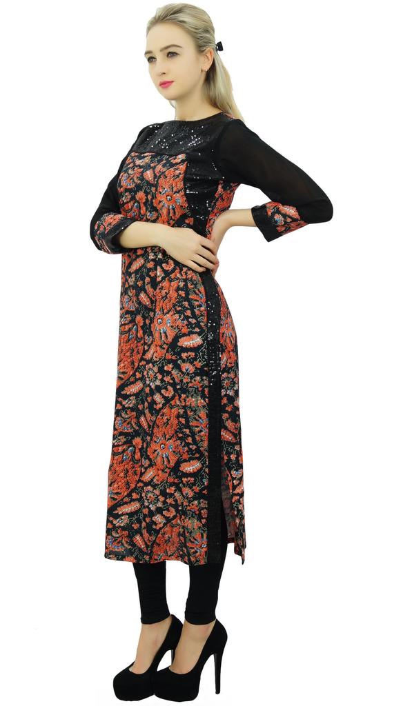 Phagun Black Rayon Mid Calf Printed Striaght Kurti Women Casual Clothing-10
