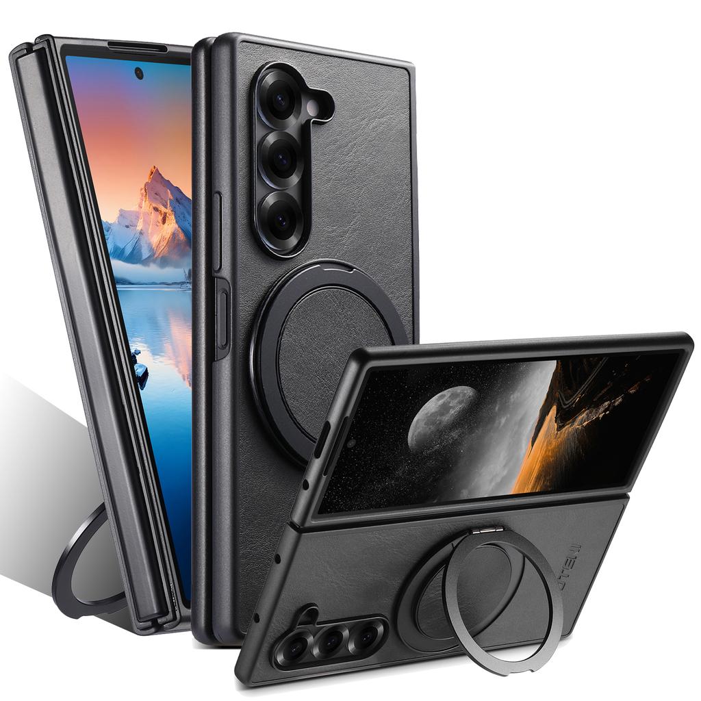 SUTENI G3 For Samsung Galaxy Z Fold5 5G Case Compatible with MagSafe Waxy Texture Rotating Kickstand Leather Phone Back Cover