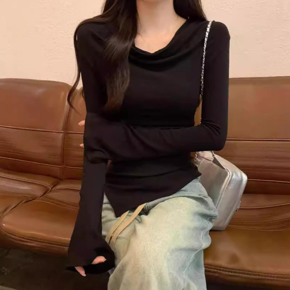 Необычный пуловер с косым плечом, облегающие футболки для женщин, мода Y2k, футболка с длинным рукавом, весна