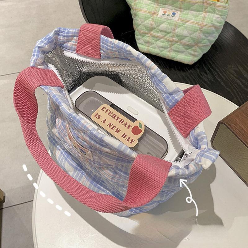 Клетчатая сумка для ланча для женщин, термобокс для ланча большой емкости с завязками, сумка-тоут для еды, офисный работник, переносная изолированная сумка для хранения продуктов