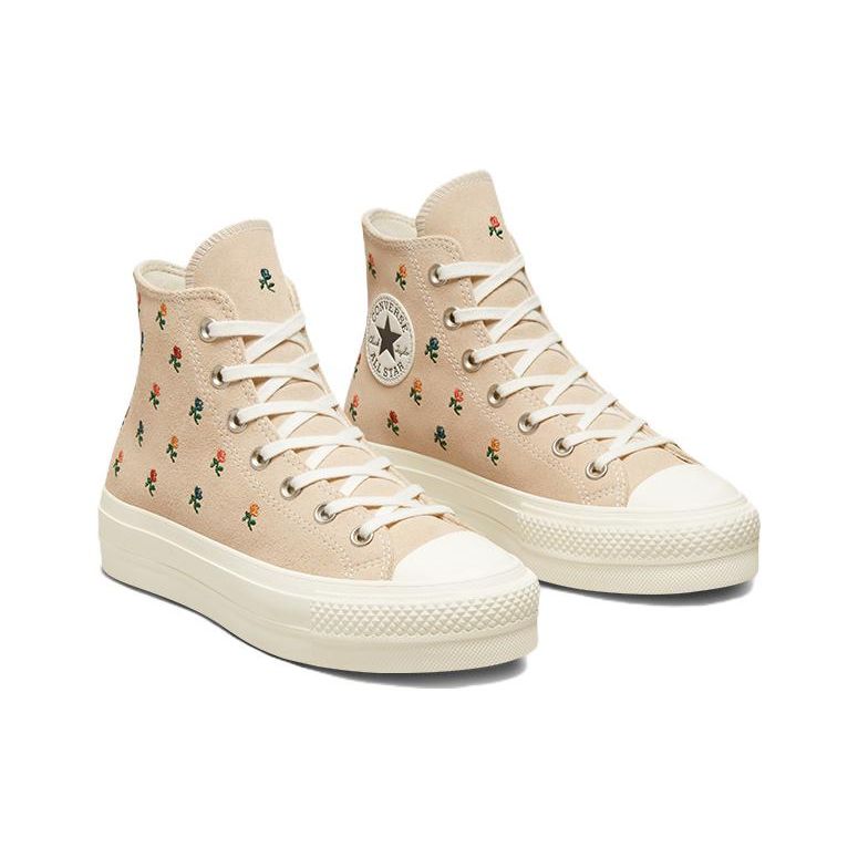 Converse Chuck Taylor All Star Lift Platform High Embroidered Roses Women Sneakers Tan Farro Egret A04300C