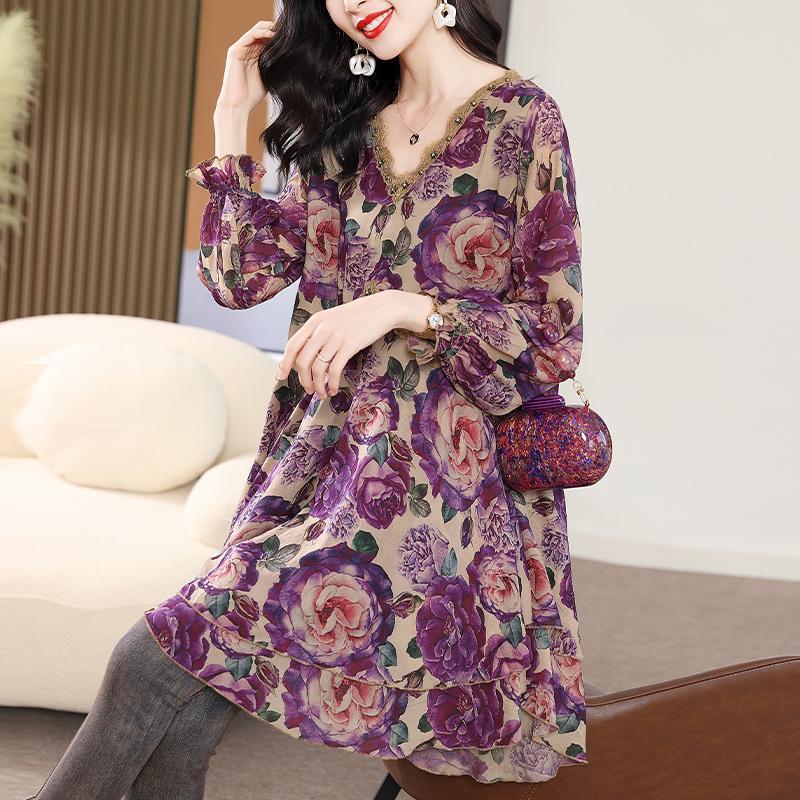 Винтажные платья свободного кроя с цветочным принтом, элегантное платье-миди с V-образным вырезом и кружевной отделкой, женская одежда, новая мода, бисер, весеннее платье со сборками