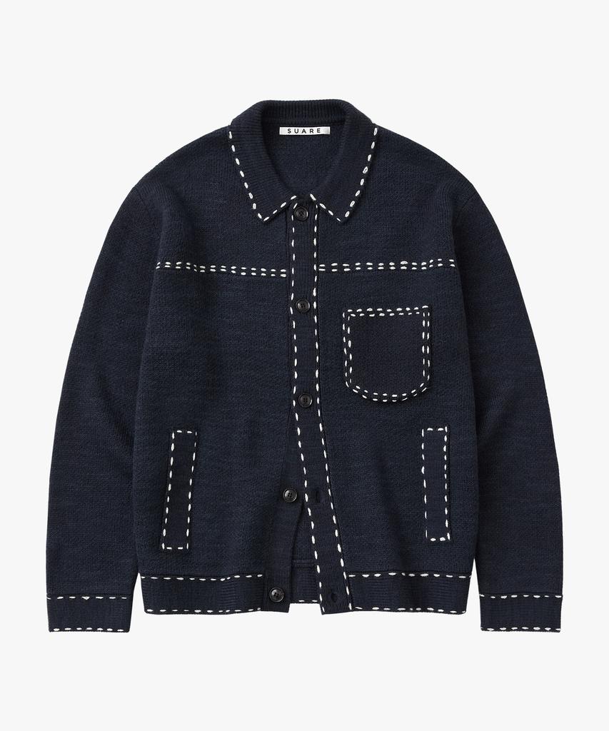 SUARE WOMEN Wool Hand Stitch Trucker Knit Jacket Navy