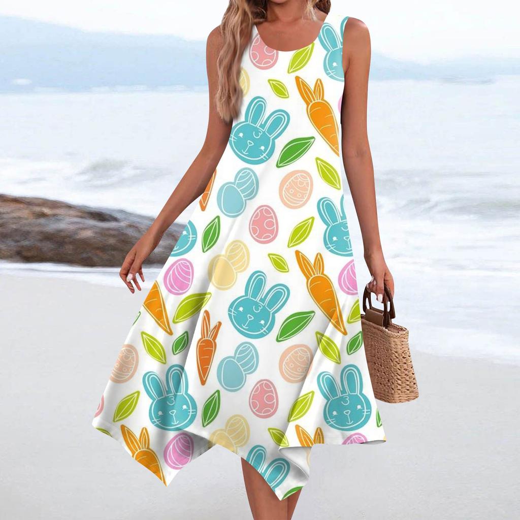 Women's Casual Fashion Round Neck Sleeveless Print Irregular Hem Midi Dress