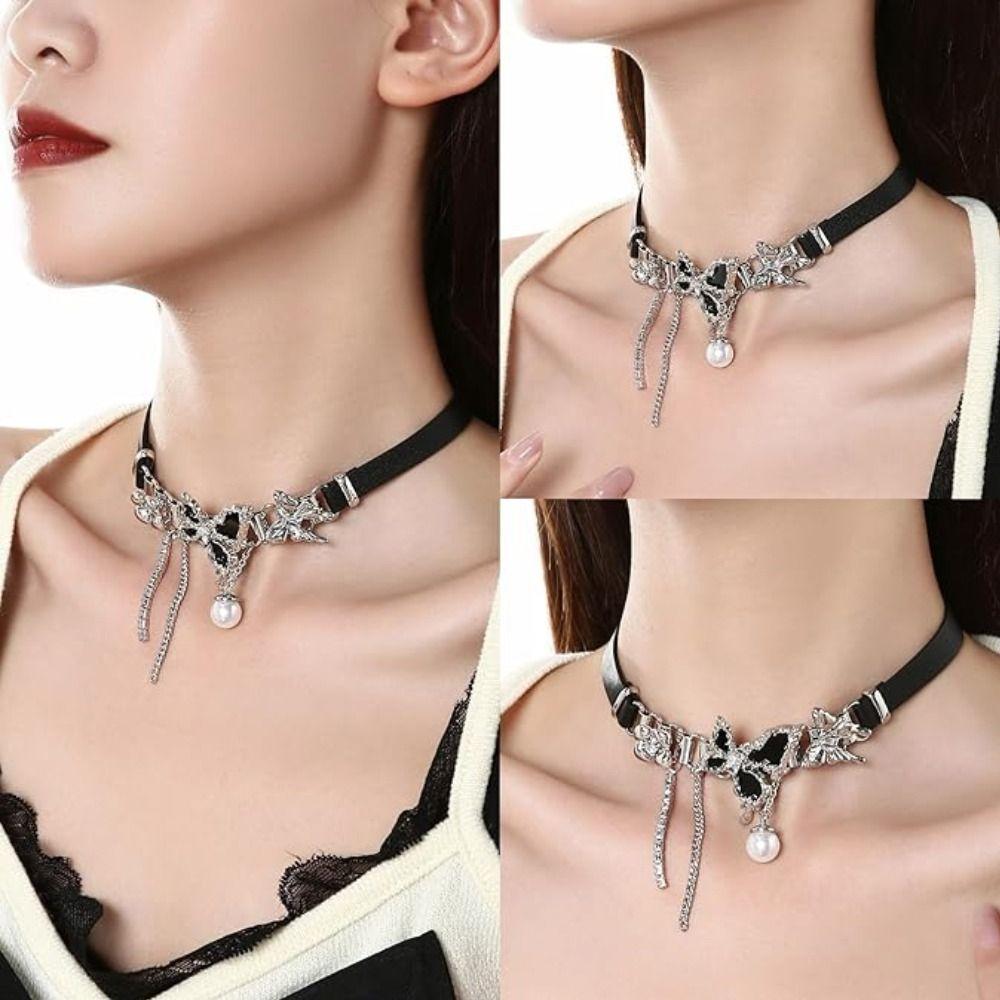 Y2K Vintage Butterfly Necklace Clavicle Necklace Goth Choker Sweet Cool Leather Choker