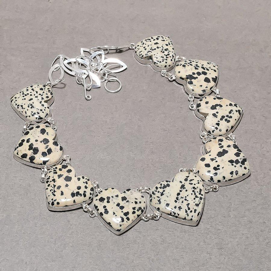 Natural Dalmatian Jasper Necklace 18" Adjustable Chain Silver Tone Heart Jewelry