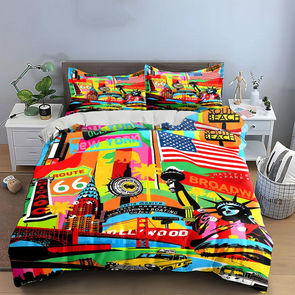 Colorful USA Cityscape Art Decor Bedding Set with 1 Duvet Cover 2 Pillowcases Single Double King Queen, Gift