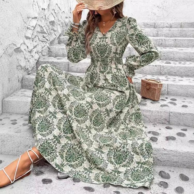 Women Floral Print V-neck Long Sleeve A-Line Dress Spring Summer Casual Elastic High Waist Ankle-Length Dresses