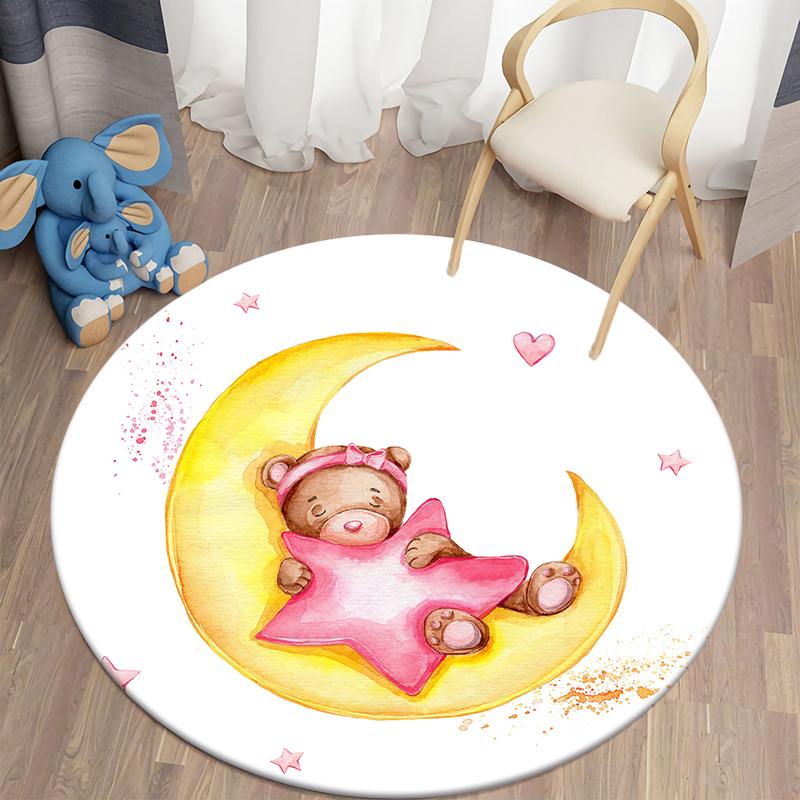 Living Room Round Carpet Floor Mat Kids Anti-Slip Mat Cartoon Bear Print Kids Carpet Kawaii Area Rug