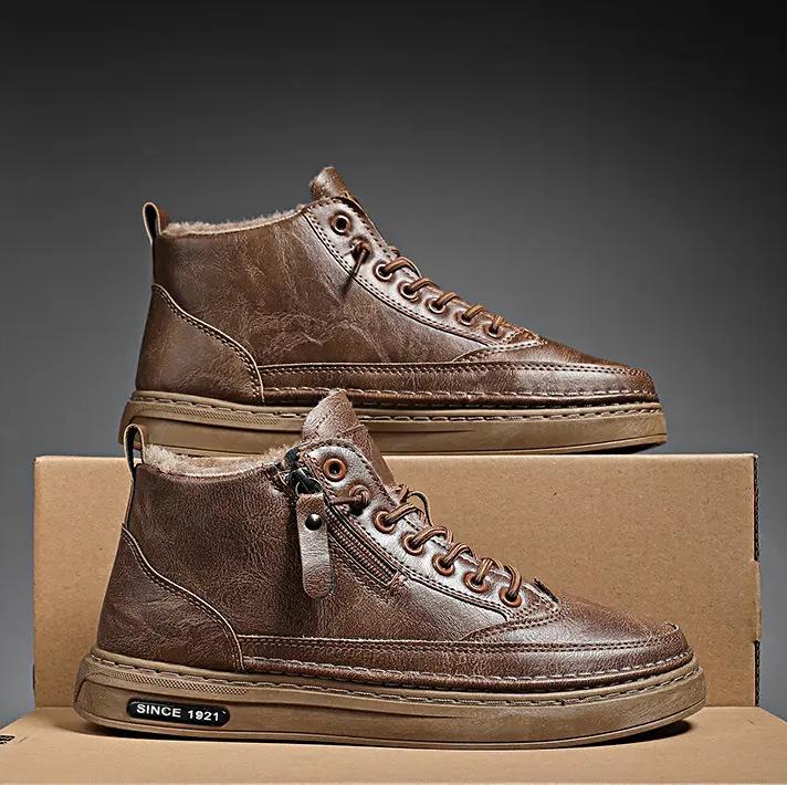 Мужские кроссовки с высоким верхом, зимние бархатные утолщенные теплые хлопковые туфли, рабочие, спортивные, для отдыха, кожаная поверхность, средняя высота, водонепроницаемые кеды