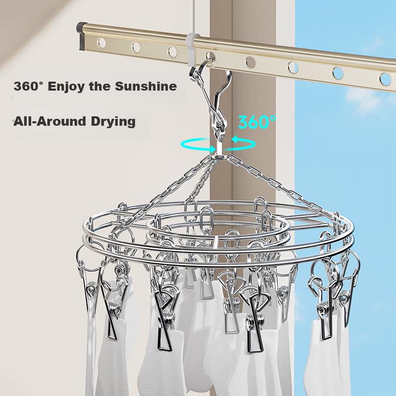 Meiliya Stainless Steel Round 16-Clips Sock Hanger Windproof Laundry Rack for Home Underwear Drying