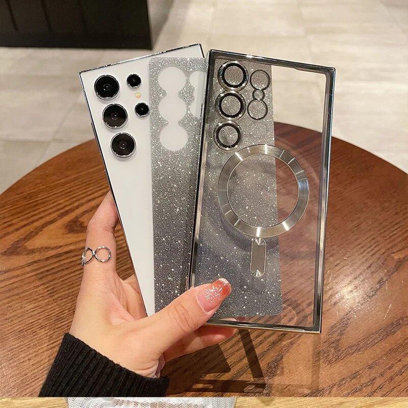 Роскошное покрытие с блестками для магнитного чехла Magsafe для телефона Samsung Galaxy S25 S24 S23 S22 S21 Ultra, мягкий чехол с беспроводной зарядкой
