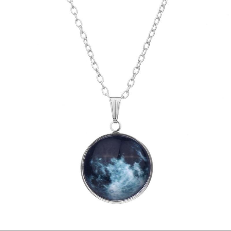 Серебряное бронзовое покрытие, модное стеклянное подарочное кабошон, подвеска в виде Луны, цепочка, светится в темноте, ожерелье с планетой галактики, новое звездное небо, унисекс, 1 шт., Вселенная