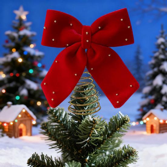 Velvet Christmas Tree Topper Bow Red Plush Bow with Metal Frame Base Festive Holiday Decor for Home Party Display