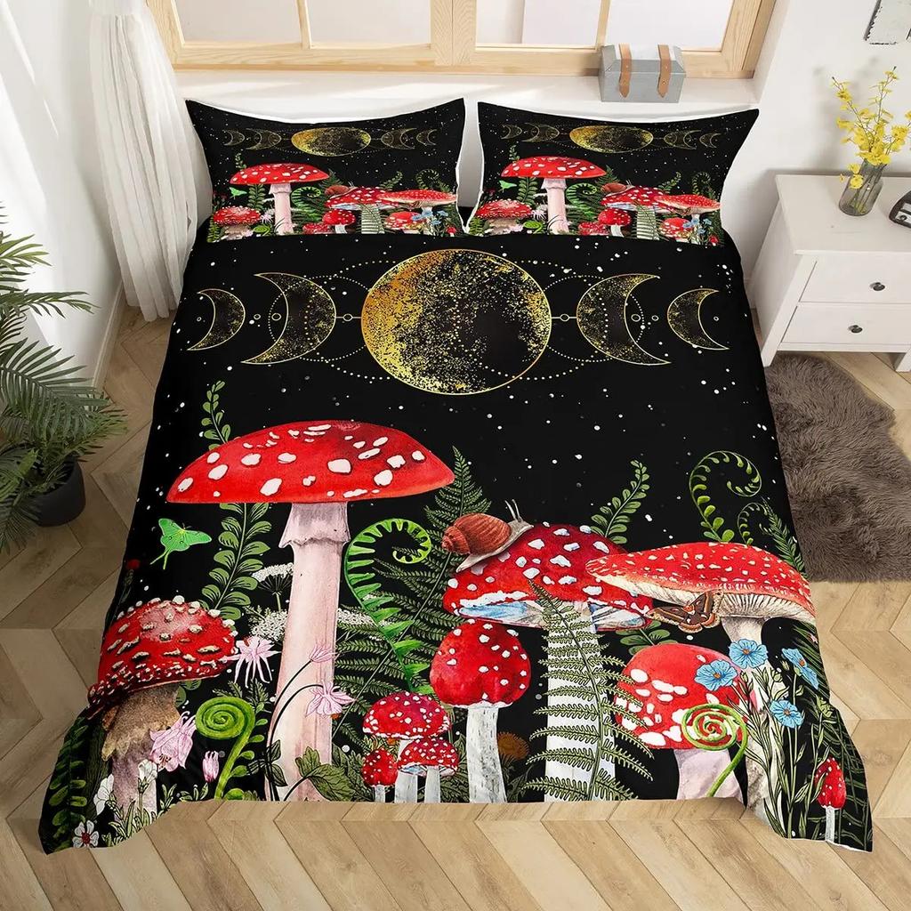 Mushroom Duvet Cover Set Burgundy Plant Fallen Leaves Bedding Set 2/3pcs For Boys Snail Print King Size Soft Comforter Cover