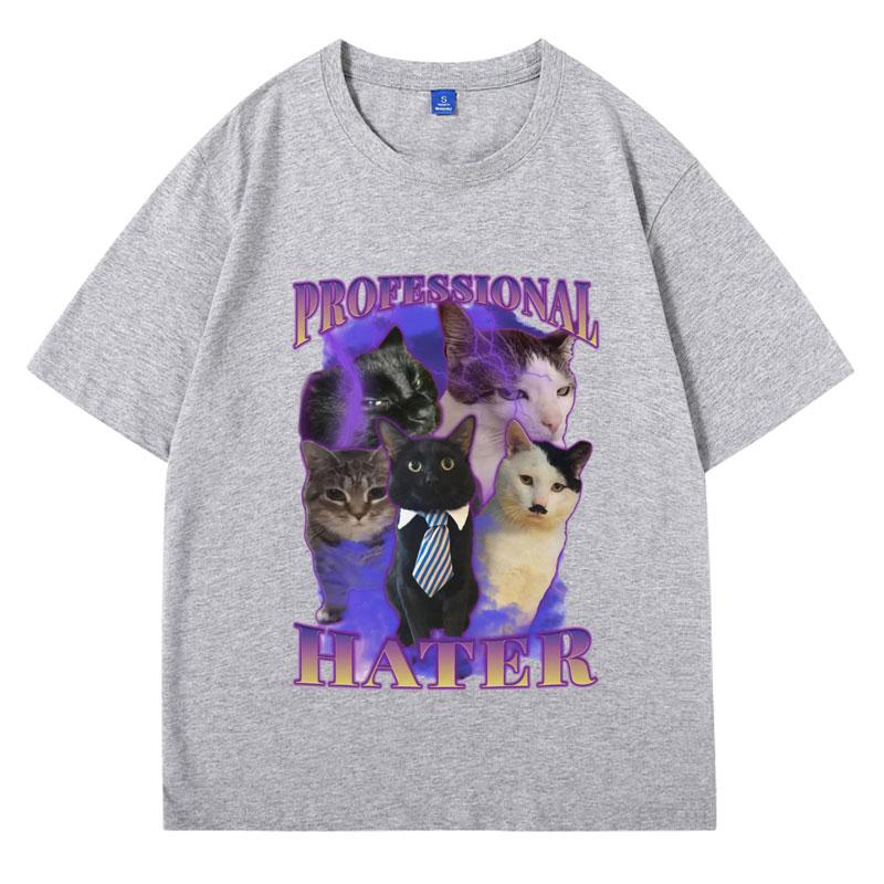 Professional Hater Funny Cat Meme T-shirt Men Vintage Trendy Cat Lover T-shirts Hip Hop Loose Cozy Cotton Tees Male Streetwear
