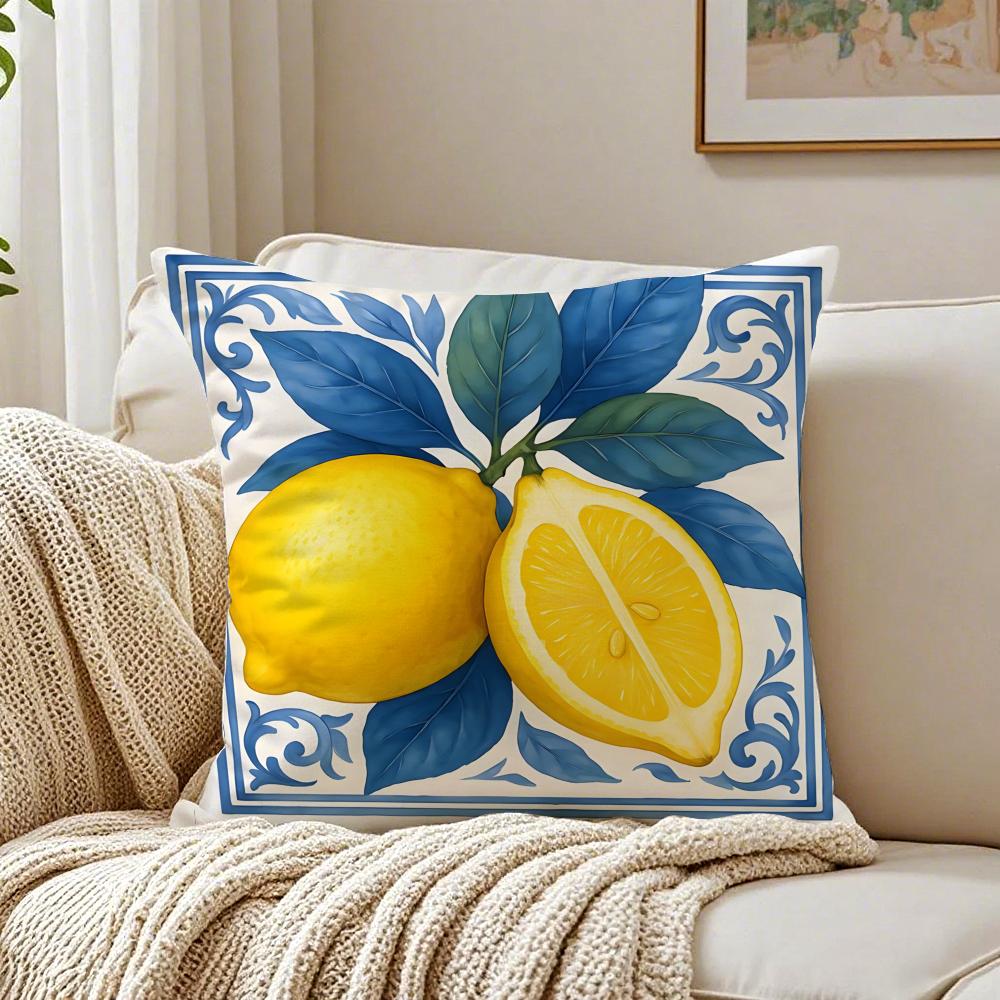 Fresh Elegant Art Blue Watercolor Lemon Cushion Cover Linen Pillowcase Soft  for Sofa Bed Home Room Decor