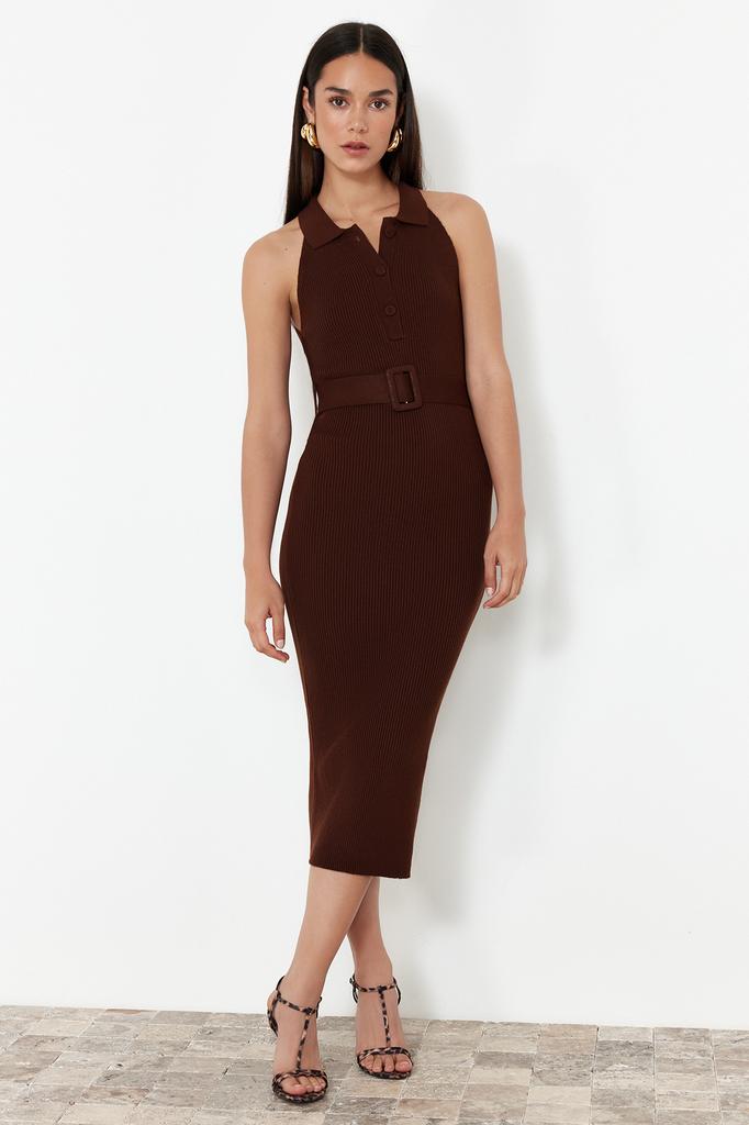 Women's Fashion New Dress Green Plain Belt Detailed