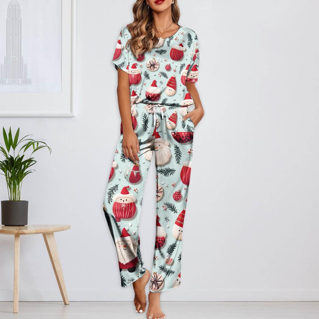 Женский шелковый атласный пижамный комплект с рождественским принтом, рубашка с коротким рукавом и длинные пижамные штаны, мягкая домашняя одежда