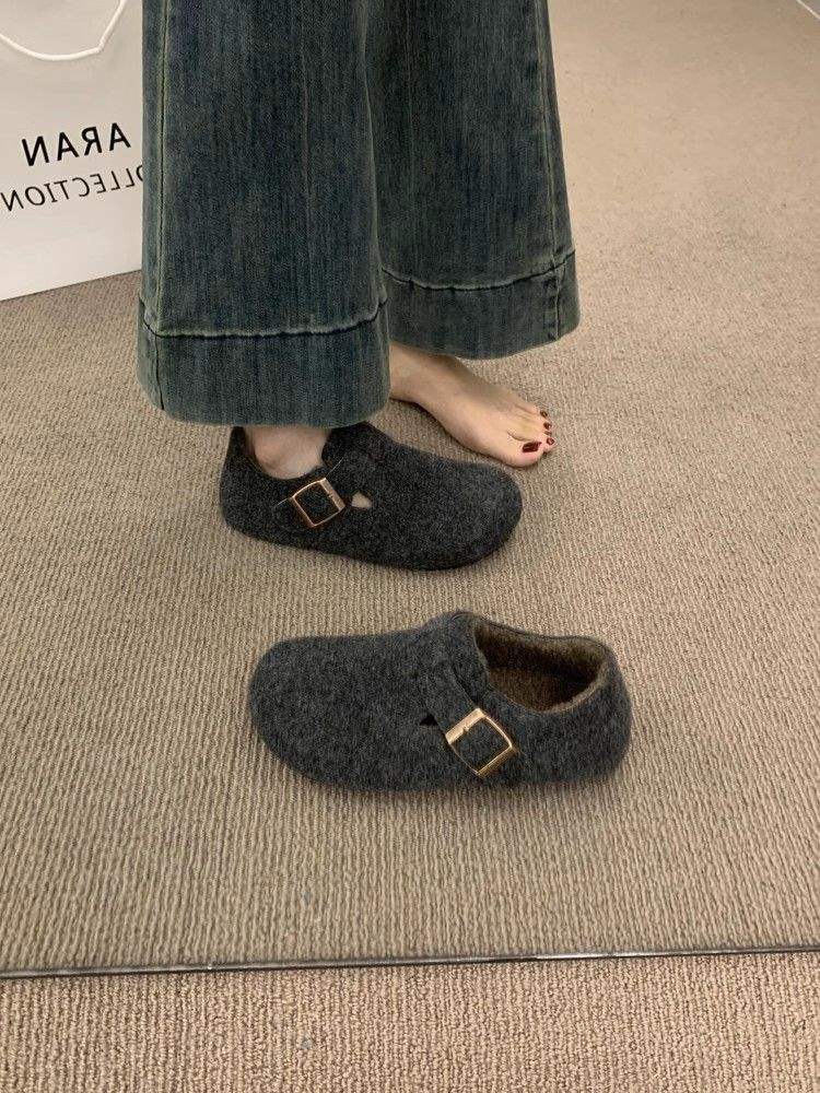 Ретро круглый носок фетровый флис Birkenstocks женские флисовые осенне-зимние на одной педали термохлопковые женские туфли шерстяные лоферы