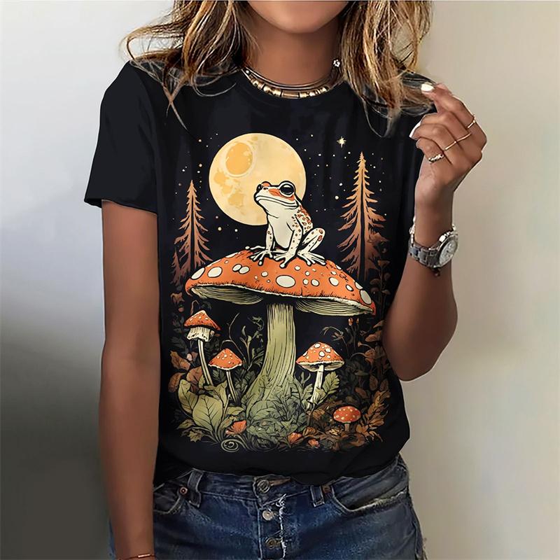 3D-принтованная футболка с забавным грибом для женщин, футболки с растительным узором, летние повседневные топы с круглым вырезом, короткие рукава, свободные футболки, уличная одежда