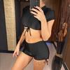 Lace Up Short Sleeve High Waist Bikini Female Swimsuit Women Swimwear Two-pieces Bikini Set Bather Bathing Suit