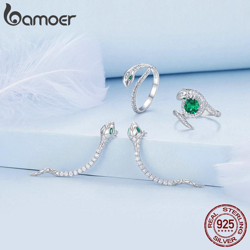 BAMOER 925 Sterling Silver Green Spinel Opening Ring Vivid Snake Adjustable Ring for Women Cubic Zirconia Fine Jewelry
