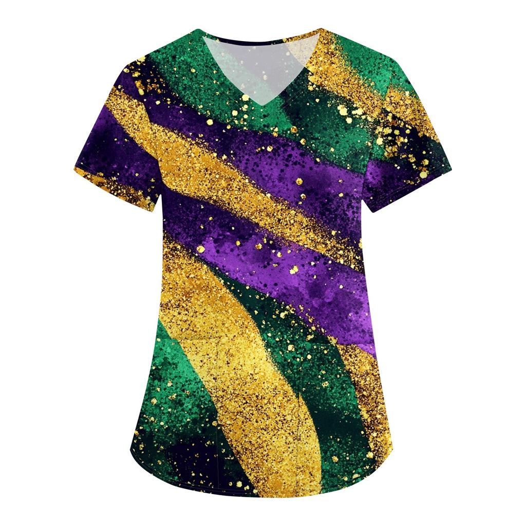 Женская карнавальная принтовая свободная униформа с V-образным вырезом и карманом с коротким рукавом