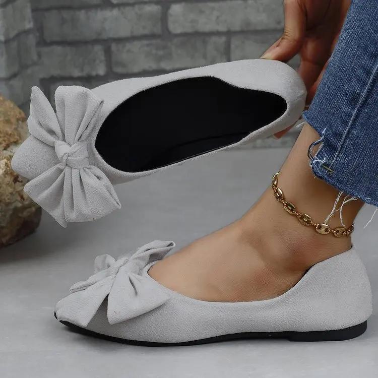 Fashion Women Flats Bow Pointed Toe Shoes Female Suede Walking Dress Shoes 2024 Spring Fashion Casual Sandals Shallow Zapatillas Mujer