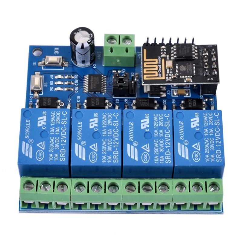 12 В постоянного тока ESP8266, 4-канальная релейная плата ESP-01, модуль WIFI для умного дома, интеллектуальная мебель, 4-канальный релейный модуль WIFI