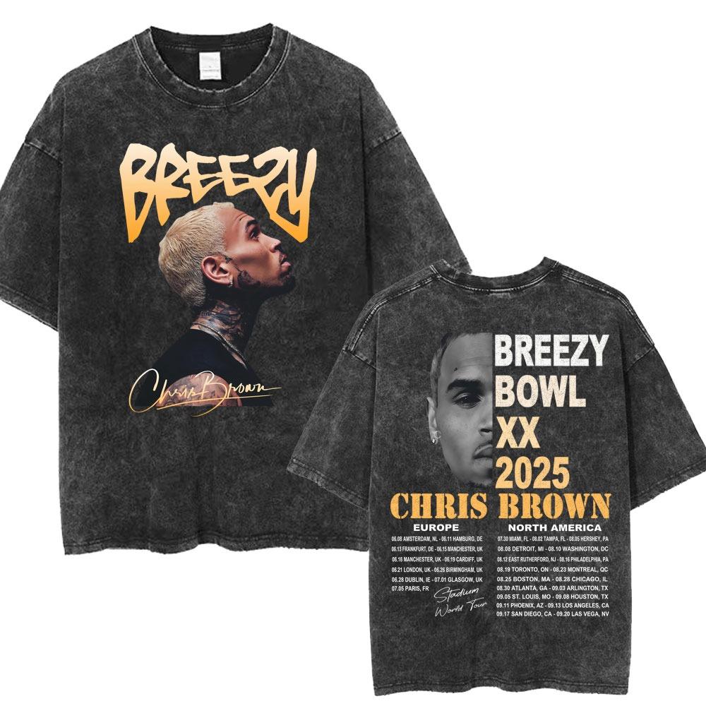 Крис Браун Breezy Bowl XX Концертный Тур Постиранные Футболки Винтажные Хип-Хоп Готические Футболки Мужские Хлопковые Футболки Оверсайз