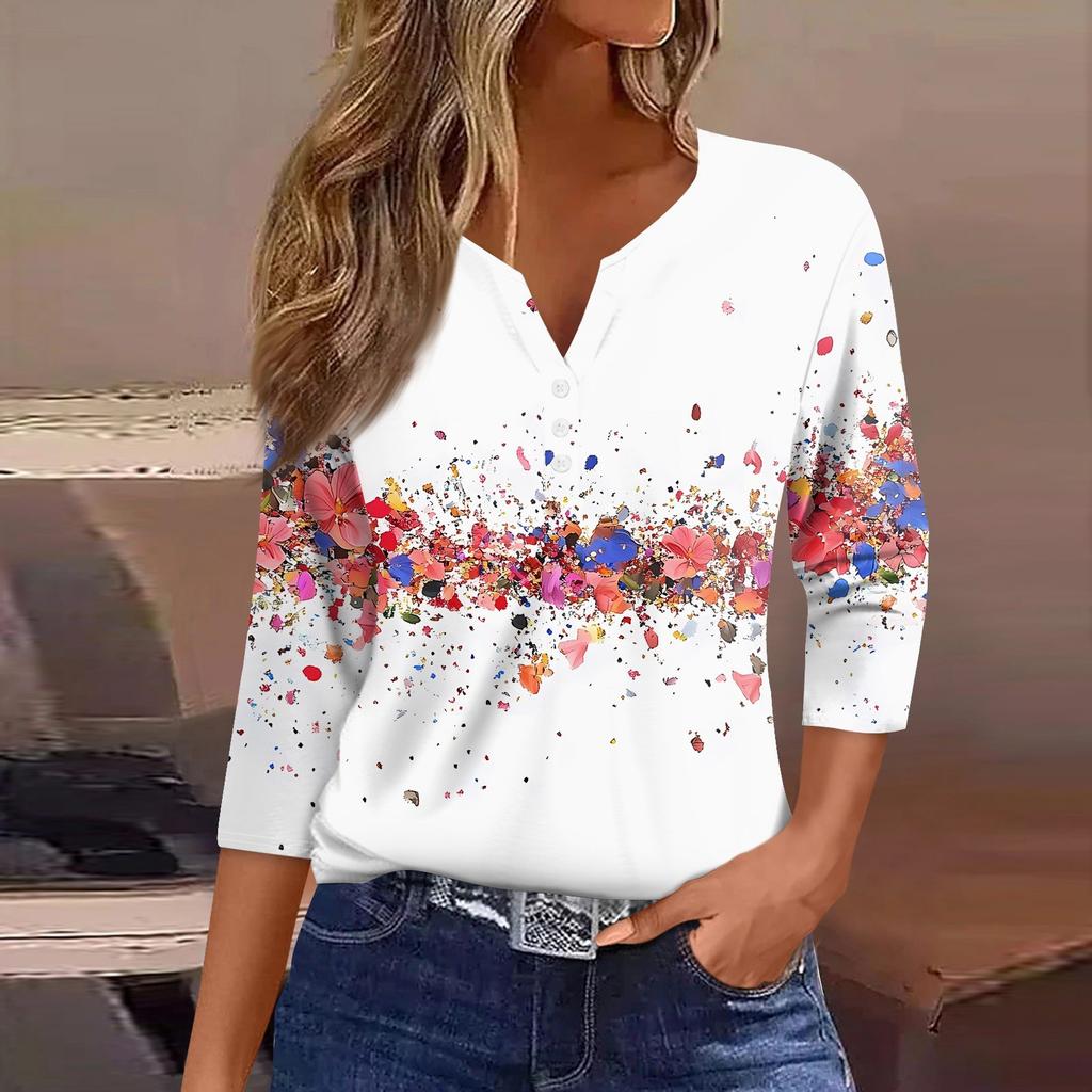 Жен. Футболка С принтом Пуговицы Рукав 3/4 Повседневные Выходные Мода Классический Классический V-образный вырез Обычный Верх